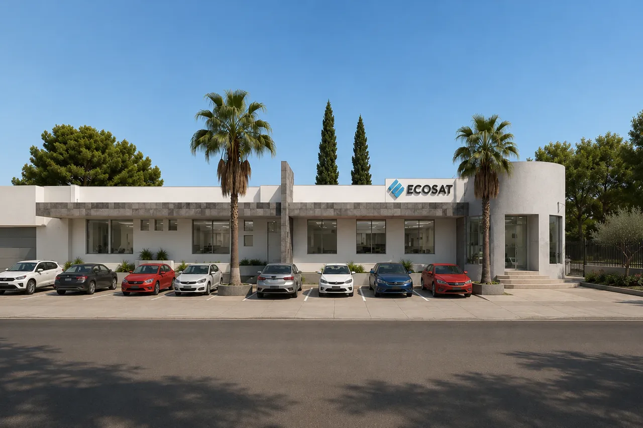 Single-story office building with Ecosat’s current logo and parking in front.