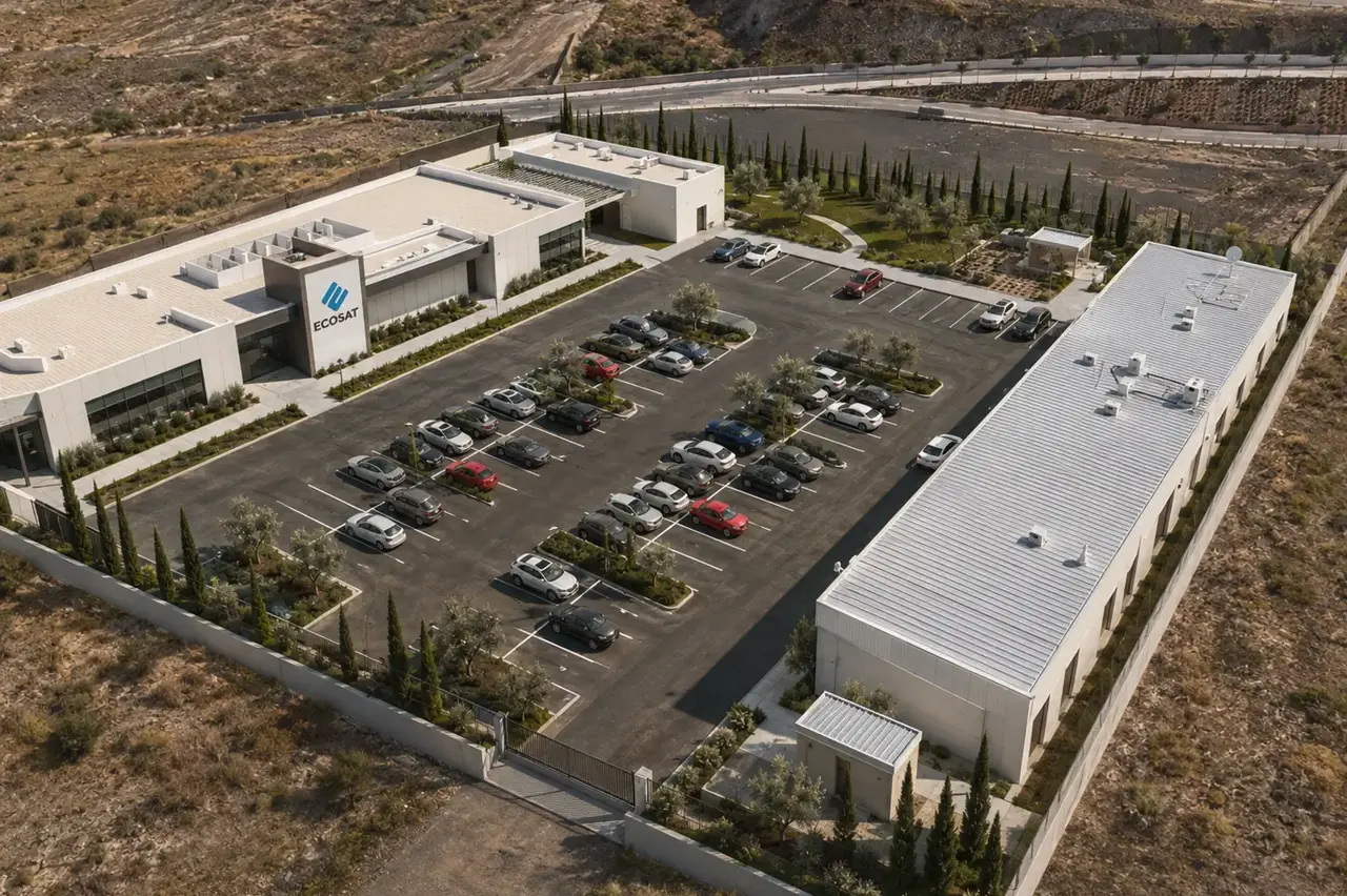 Aerial view of the current headquarters: two buildings, gardens and parking, set in the Chihuahua landscape.