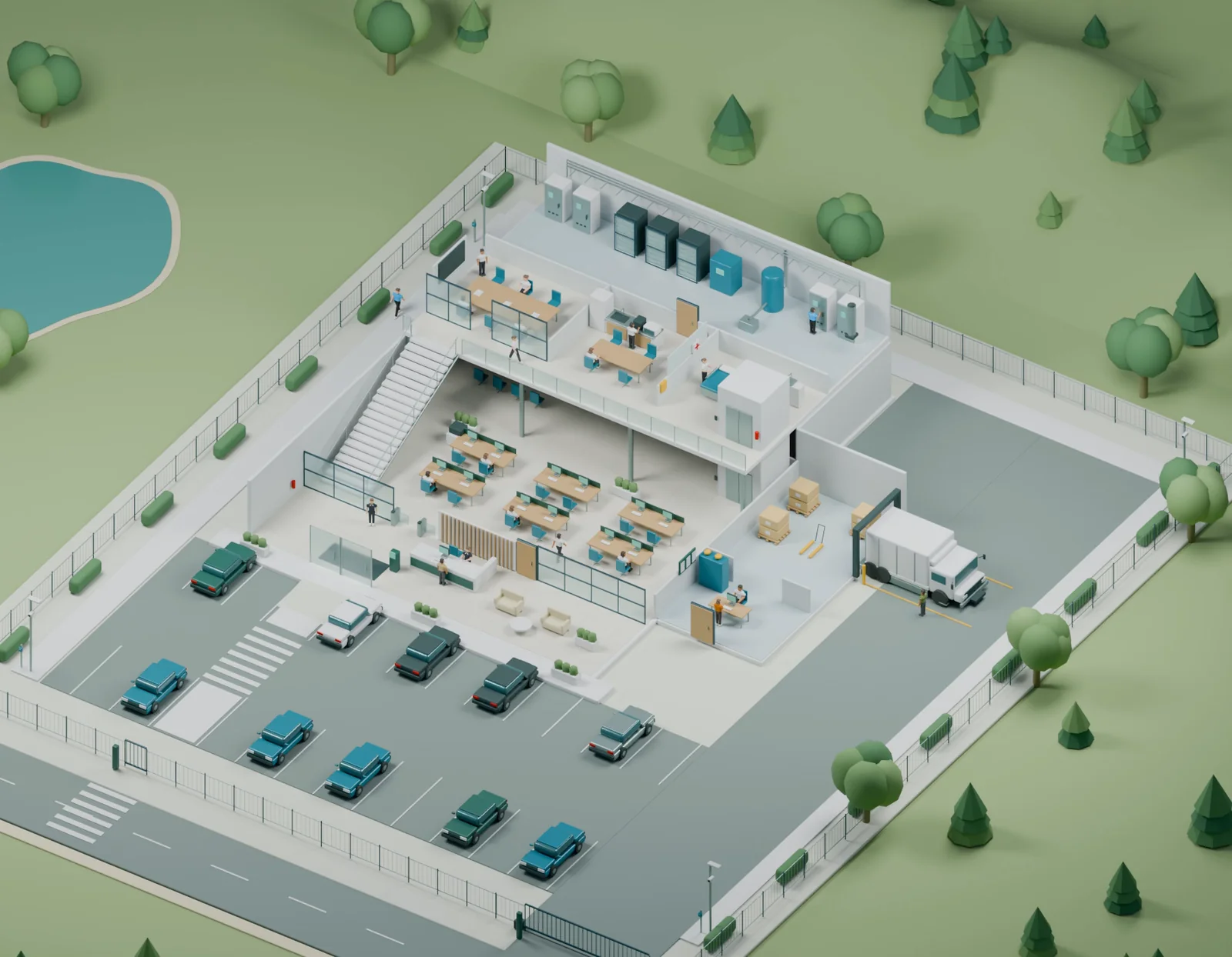 The same model without the roof: reception and work floors on the ground floor; meeting rooms, cafeteria and medical office on the mezzanine; server room and machine room at the back; loading dock and parking.