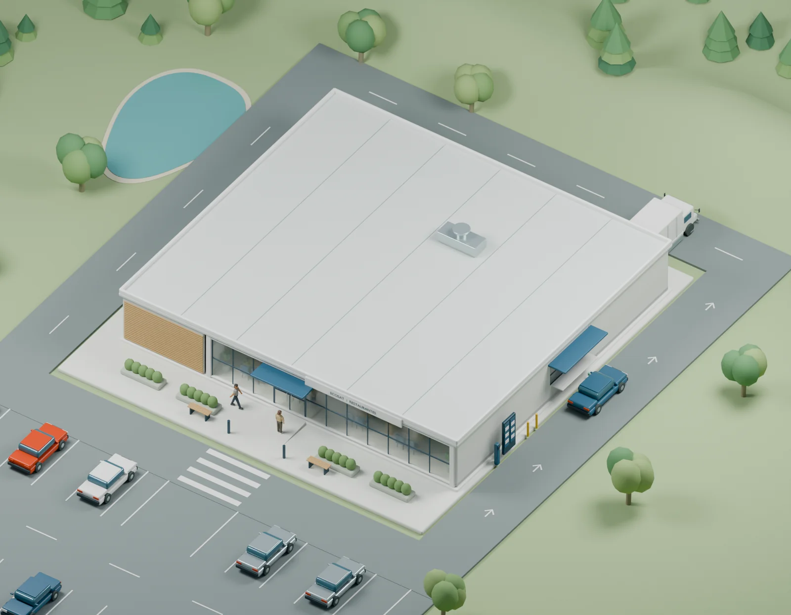 Model of a branch seen from above with the roof on: glass façade, entrance, drive-thru lane and receiving dock.